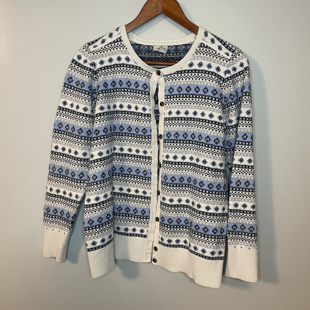Vintage LL Bean Winter Blue White Fair Isle Cardigan Cashmere Blend Women Sz M